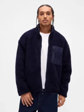 Recycelte Sherpa-Jacke mit übergroßem Logo und Reißverschluss