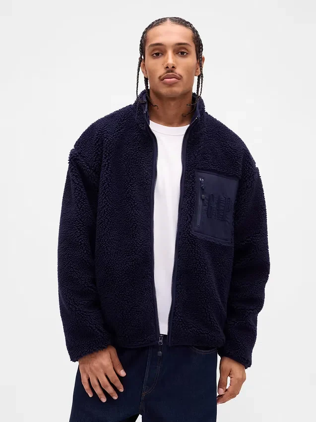 Recycelte Sherpa-Jacke mit übergroßem Logo und Reißverschluss