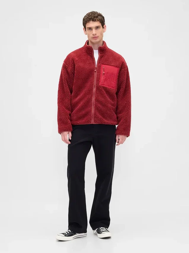Recycelte Sherpa-Jacke mit übergroßem Logo und Reißverschluss