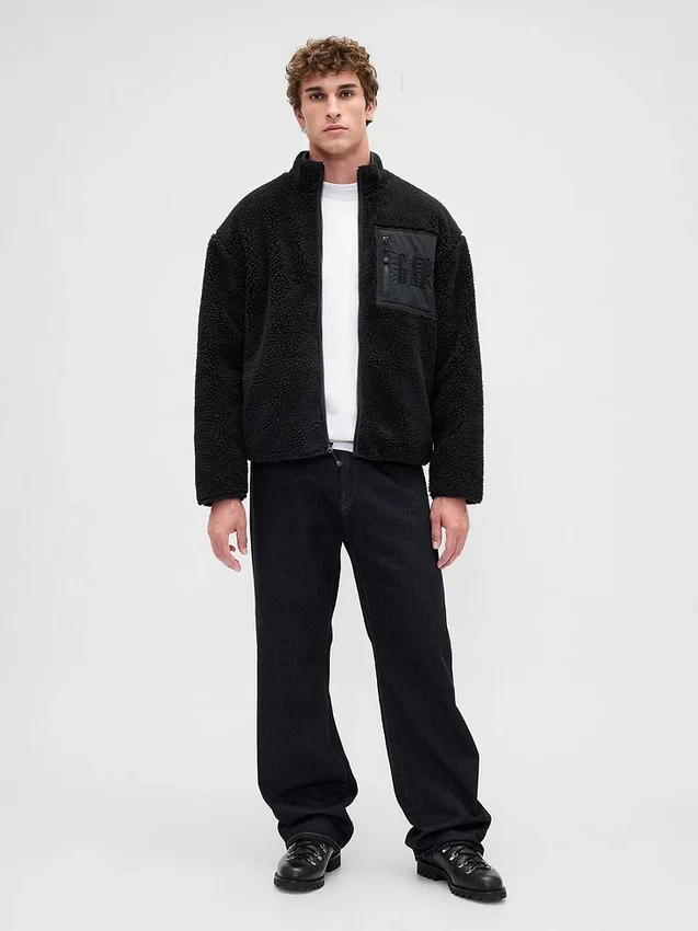 Recycelte Sherpa-Jacke mit übergroßem Logo und Reißverschluss