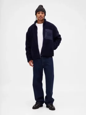 Recycelte Sherpa-Jacke mit übergroßem Logo und Reißverschluss