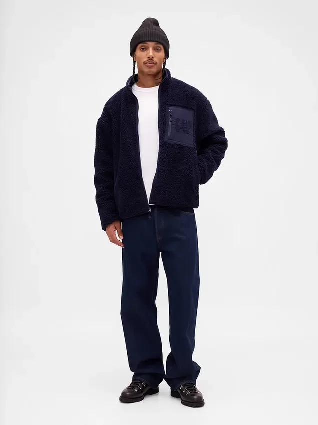 Recycelte Sherpa-Jacke mit übergroßem Logo und Reißverschluss