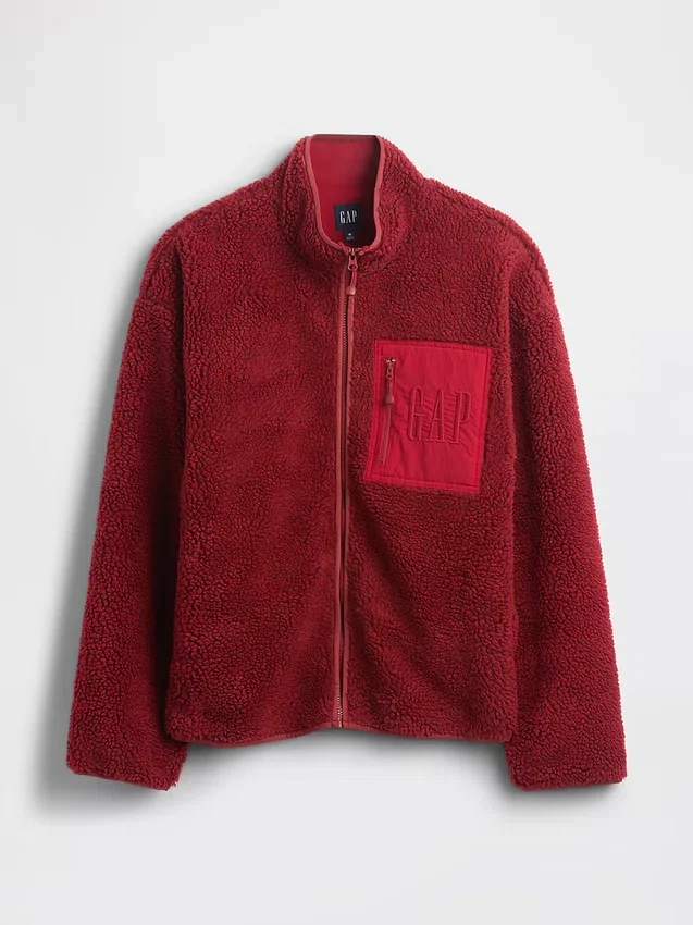 Recycelte Sherpa-Jacke mit übergroßem Logo und Reißverschluss