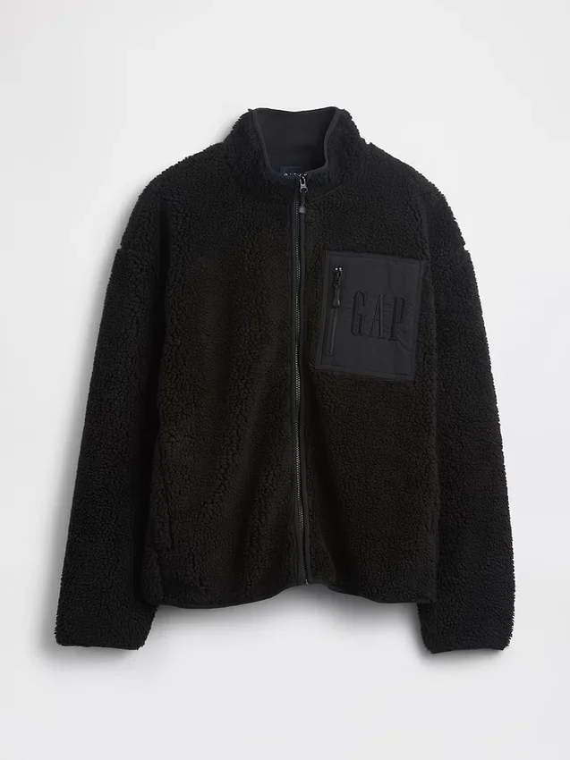 Recycelte Sherpa-Jacke mit übergroßem Logo und Reißverschluss