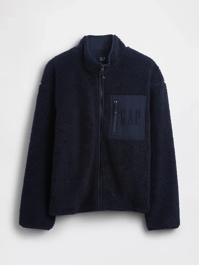 Recycelte Sherpa-Jacke mit übergroßem Logo und Reißverschluss