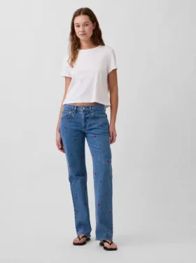 Relaxed Straight-Jeans mit mittlerer Leibhöhe und Stickerei