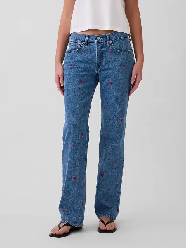 Relaxed Straight-Jeans mit mittlerer Leibhöhe und Stickerei