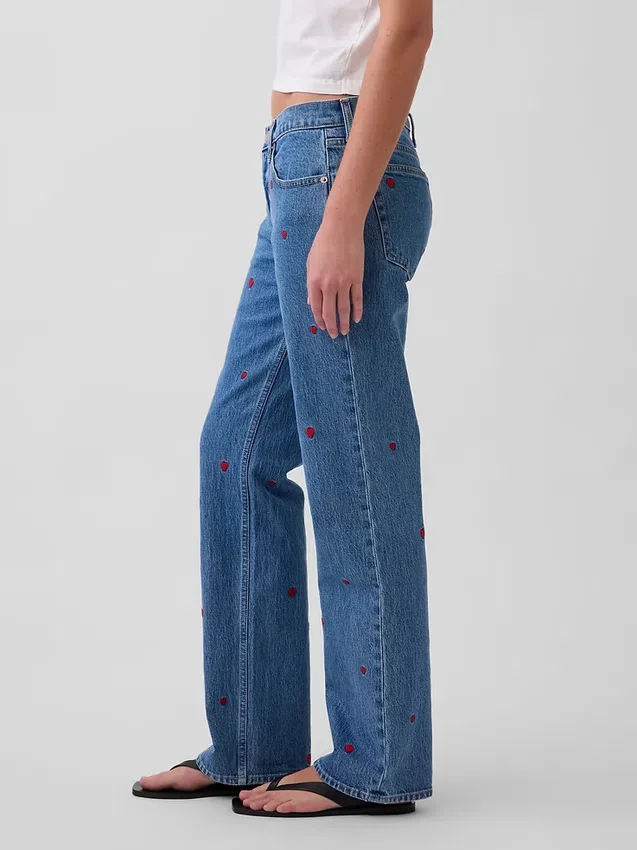 Relaxed Straight-Jeans mit mittlerer Leibhöhe und Stickerei