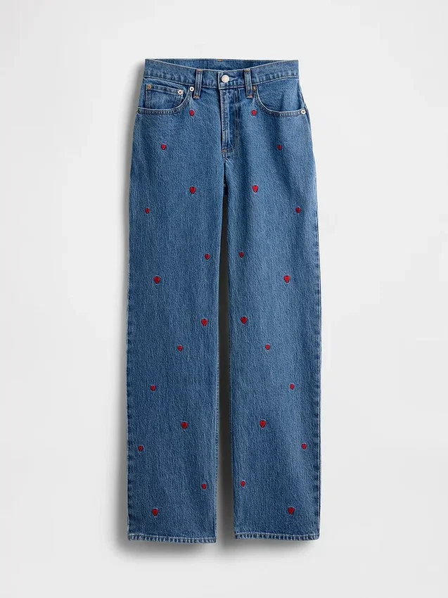 Relaxed Straight-Jeans mit mittlerer Leibhöhe und Stickerei