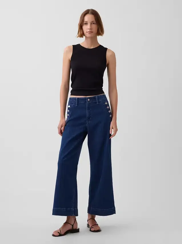 Sailor-Jeans mit hoher Leibhöhe, weitem Bein und Knöchellänge