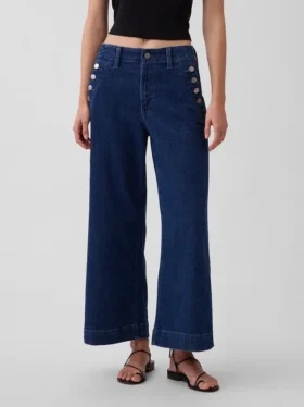 Sailor-Jeans mit hoher Leibhöhe, weitem Bein und Knöchellänge