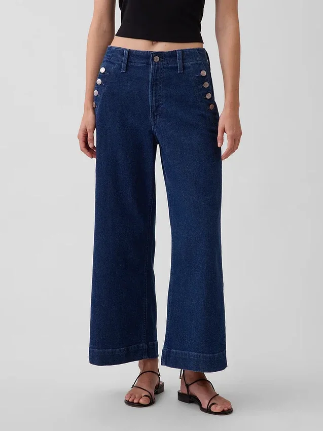 Sailor-Jeans mit hoher Leibhöhe, weitem Bein und Knöchellänge