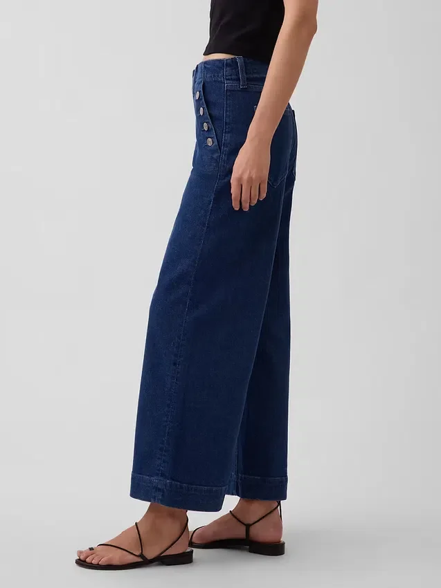 Sailor-Jeans mit hoher Leibhöhe, weitem Bein und Knöchellänge