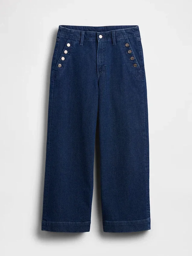 Sailor-Jeans mit hoher Leibhöhe, weitem Bein und Knöchellänge