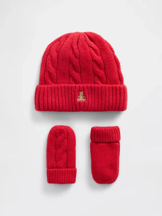 Set aus CashSoft-Mütze und Fäustlingen im Zopfmuster für Baby & Kleinkind