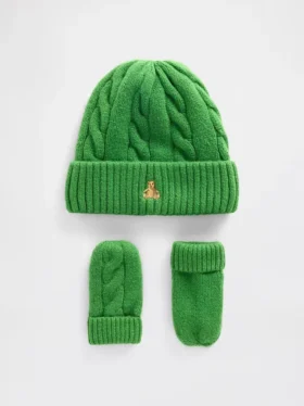 Set aus CashSoft-Mütze und Fäustlingen im Zopfmuster für Baby & Kleinkind