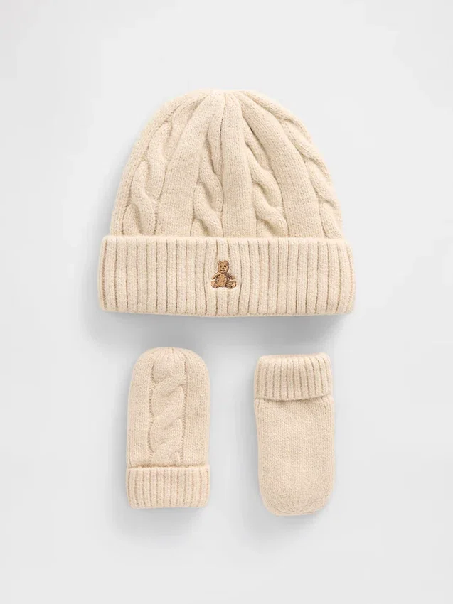 Set aus CashSoft-Mütze und Fäustlingen im Zopfmuster für Baby & Kleinkind