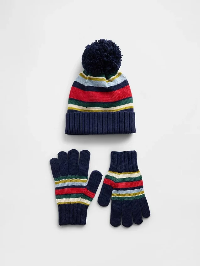 Set aus Hut mit Bommel und Handschuhen für Kinder