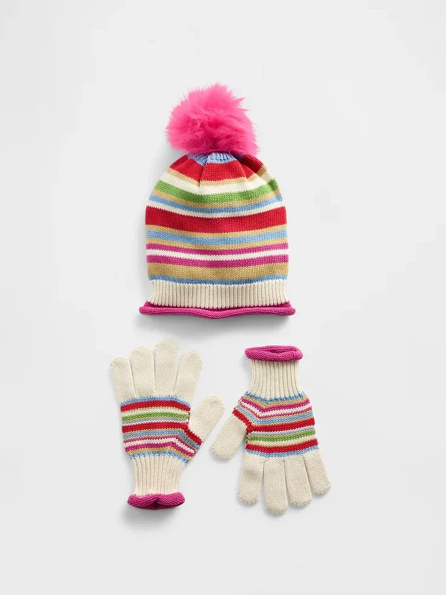 Set aus Hut mit Bommel und Handschuhen für Kinder