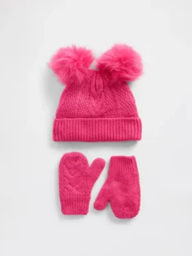 Set aus Mütze und Fäustlingen mit Bommeln im Zopfmuster für Baby & Kleinkind