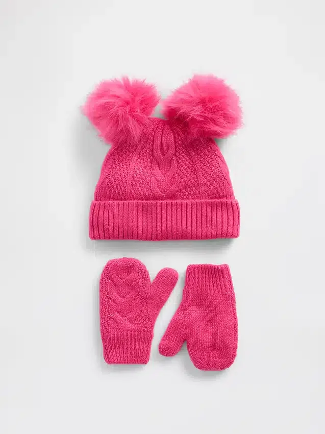 Set aus Mütze und Fäustlingen mit Bommeln im Zopfmuster für Baby & Kleinkind