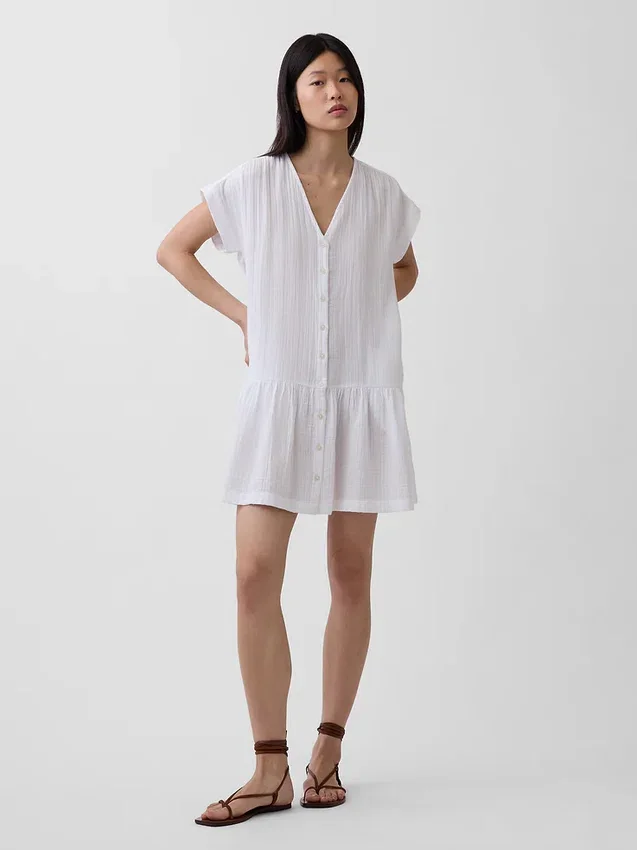 Shirtkleid aus Baumwollgaze mit tief sitzender Taille