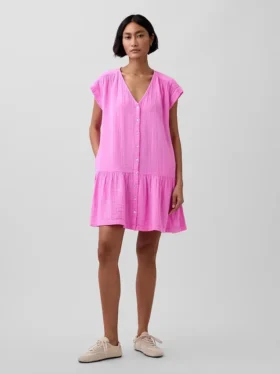 Shirtkleid aus Baumwollgaze mit tief sitzender Taille