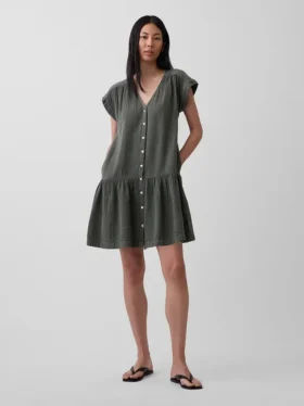 Shirtkleid aus Baumwollgaze mit tief sitzender Taille