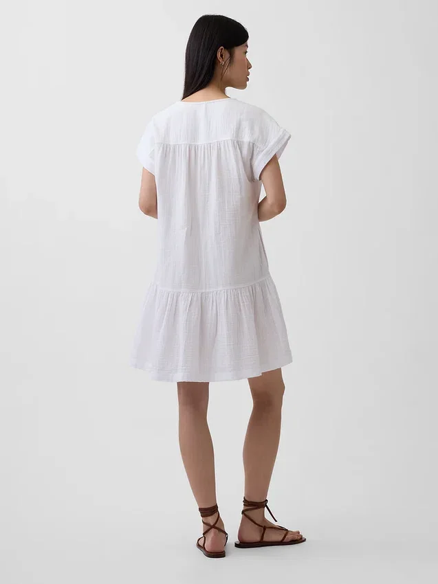 Shirtkleid aus Baumwollgaze mit tief sitzender Taille