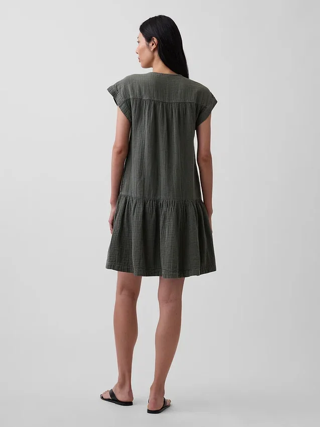 Shirtkleid aus Baumwollgaze mit tief sitzender Taille