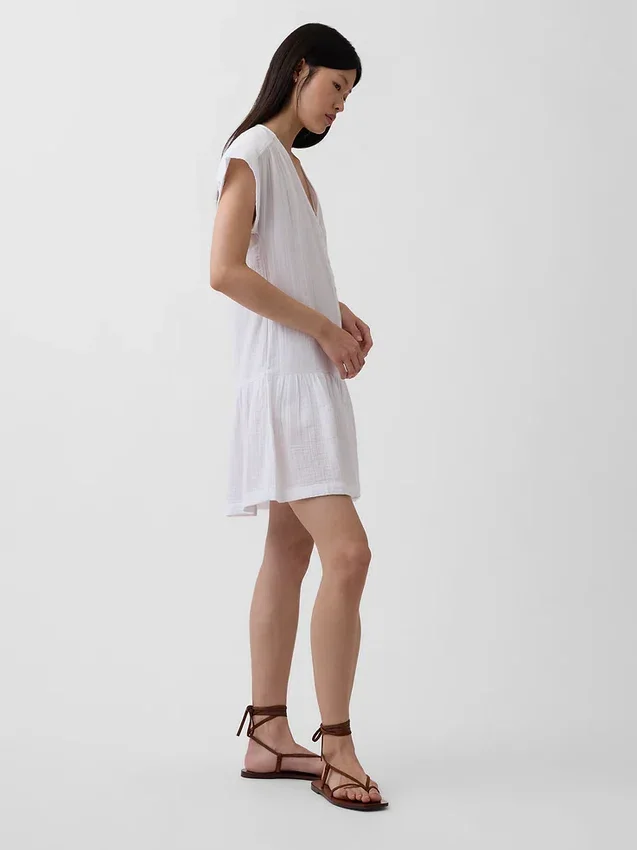 Shirtkleid aus Baumwollgaze mit tief sitzender Taille