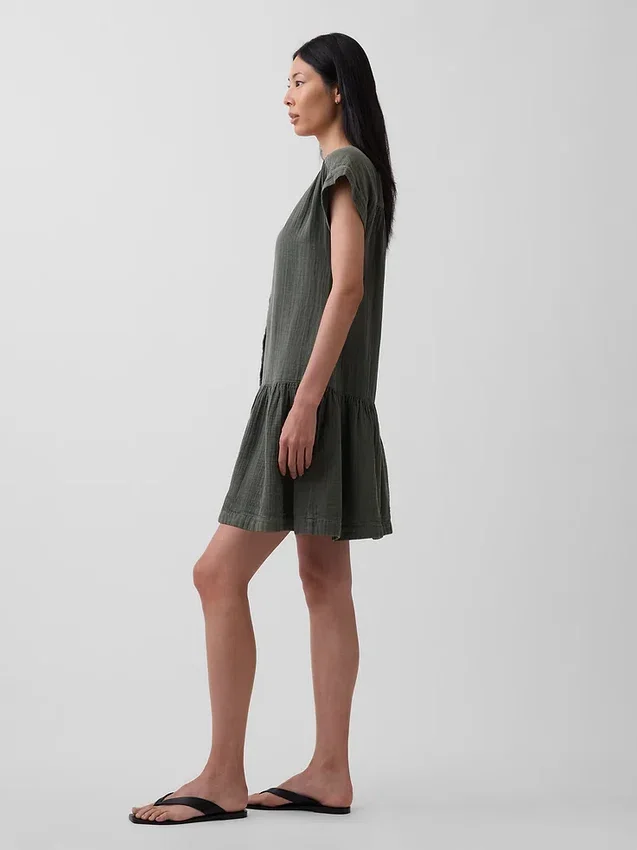 Shirtkleid aus Baumwollgaze mit tief sitzender Taille