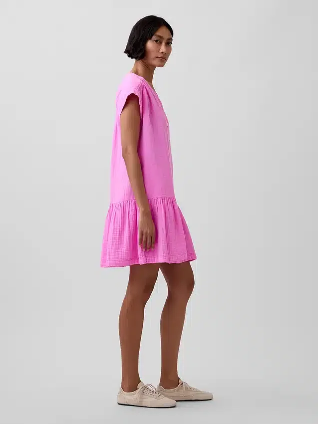 Shirtkleid aus Baumwollgaze mit tief sitzender Taille