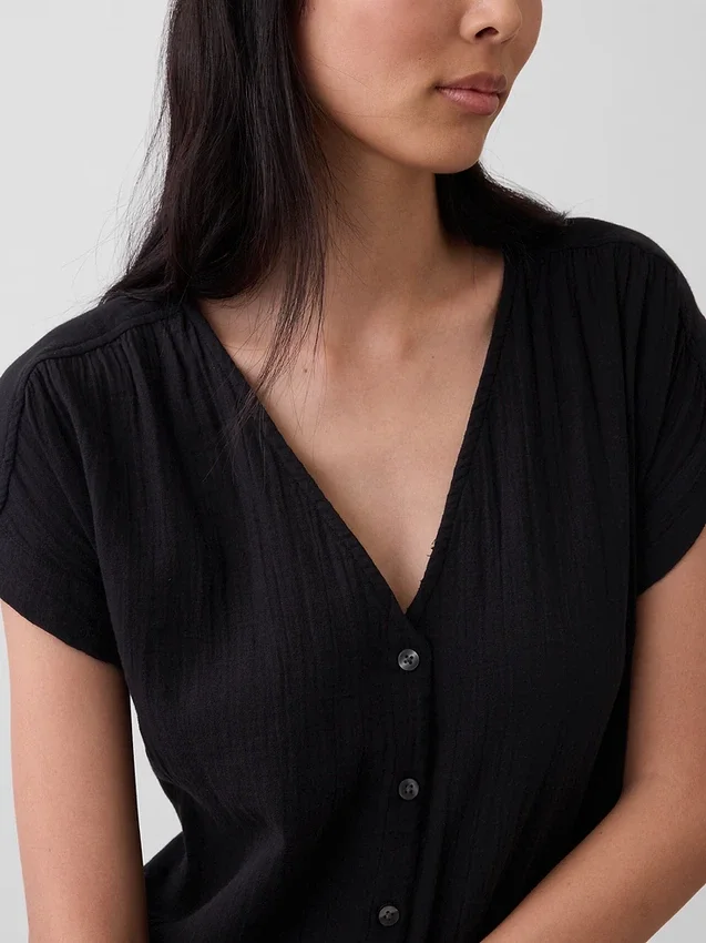 Shirtkleid aus Baumwollgaze mit tief sitzender Taille