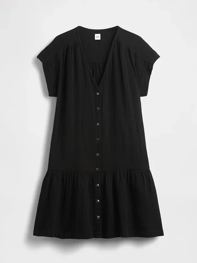 Shirtkleid aus Baumwollgaze mit tief sitzender Taille