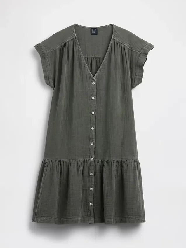 Shirtkleid aus Baumwollgaze mit tief sitzender Taille