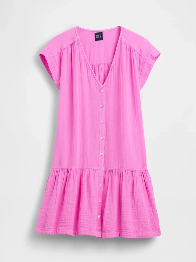 Shirtkleid aus Baumwollgaze mit tief sitzender Taille