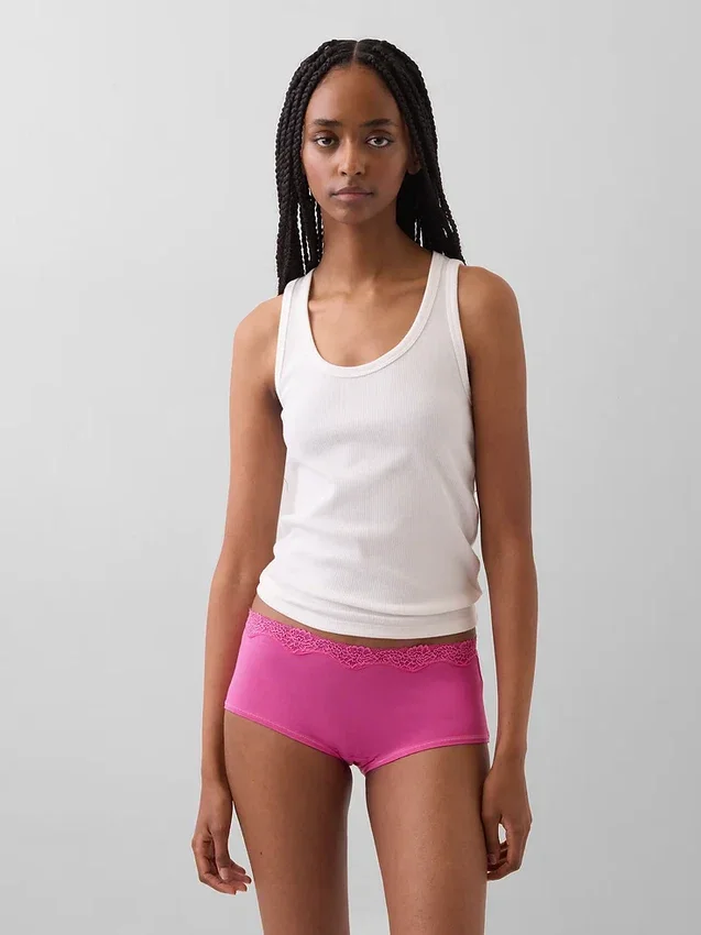 Shorty aus Bio-Stretch-Baumwolle mit Spitzenbesatz