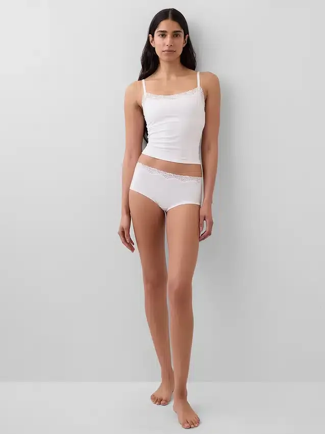 Shorty aus Bio-Stretch-Baumwolle mit Spitzenbesatz