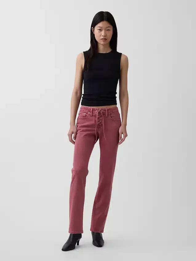 Slim-Fit-Jeans mit geradem Bein im 90er-Jahre-Stil und Schnürung, niedrige Leibhöhe