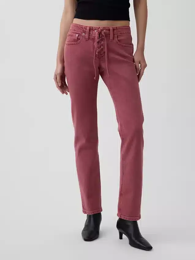 Slim-Fit-Jeans mit geradem Bein im 90er-Jahre-Stil und Schnürung, niedrige Leibhöhe