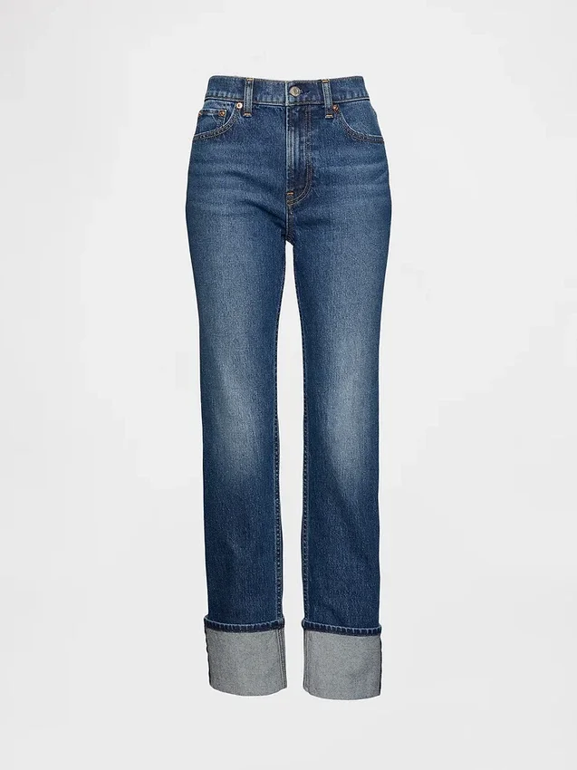 Slim-Straight-Jeans im 90er-Jahre-Stil mit hohem Bund und Umschlag