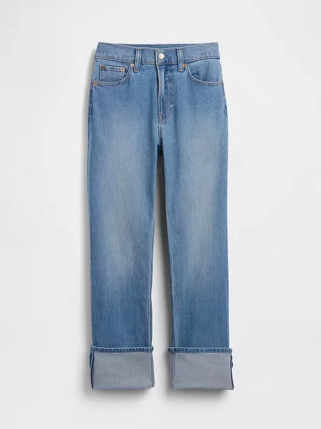 Slim-Straight-Jeans im 90er-Jahre-Stil mit hohem Bund und Umschlag