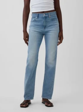 Slim-Straight-Jeans im 90er-Jahre-Stil mit hoher Leibhöhe und verdrehten Nähten