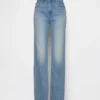 Slim-Straight-Jeans im 90er-Jahre-Stil mit hoher Leibhöhe und verdrehten Nähten