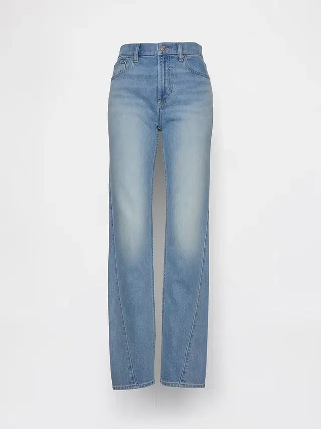 Slim-Straight-Jeans im 90er-Jahre-Stil mit hoher Leibhöhe und verdrehten Nähten