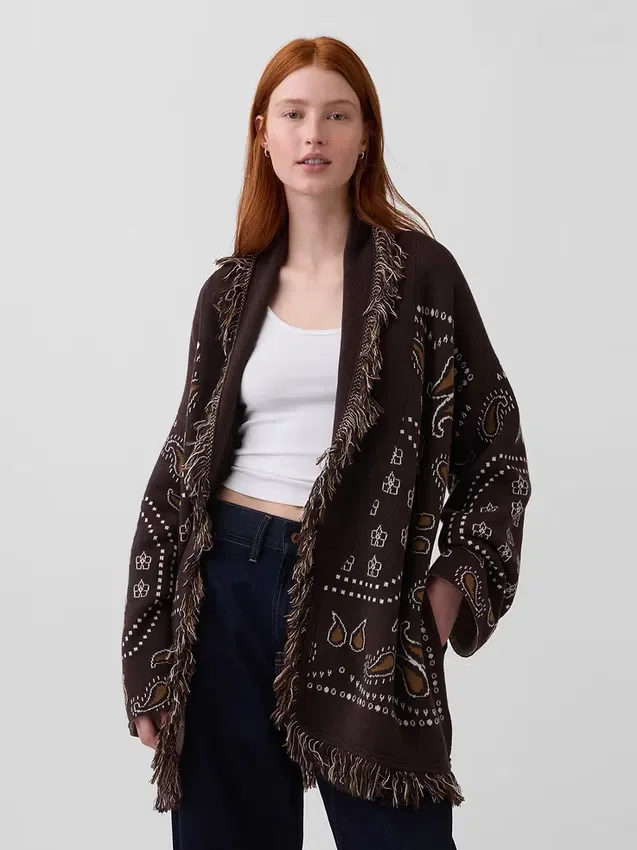 Strickjacke aus Baumwollmischung mit Fransen und Schalkragen