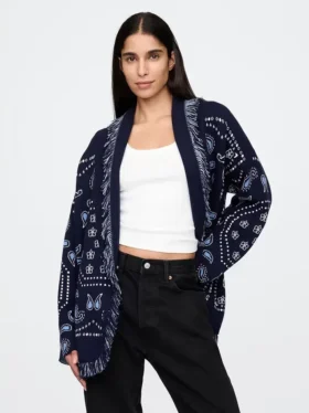 Strickjacke aus Baumwollmischung mit Fransen und Schalkragen