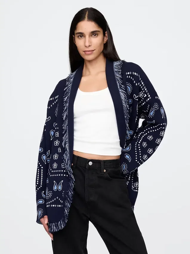 Strickjacke aus Baumwollmischung mit Fransen und Schalkragen