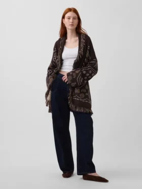 Strickjacke aus Baumwollmischung mit Fransen und Schalkragen